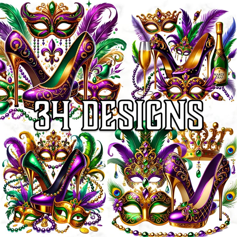 Mardi Gras Shoes Clipart: Glam Heels, Masks, Glitter (PNG Digital ...