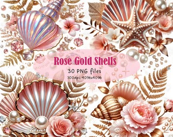 Rose Gold Seashell Clipart Set, Pearl Accents (Digital Ocean Clip Art)