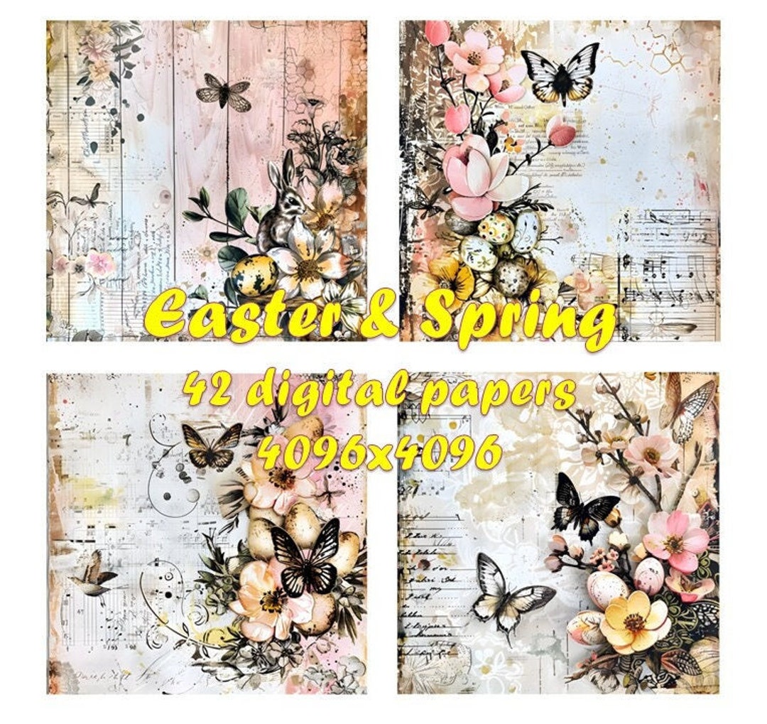Vintage Easter Spring Digital Paper: Retro Ephemera Backgrounds (PNG ...
