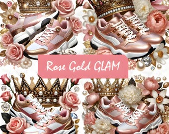Rose Gold Crown Sneakers Clipart, Glam Fashion PNG Bundle