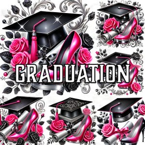 Graduierung Clipart, 11 rosa und schwarze High Heels, Graduierung Cap PNG, Glam Graduation Digital, Diplom Sublimation, Graduate Party Decor