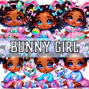 13 Clipart di coniglietta africana, bambino pasquale carino, adorabile coniglietta PNG, arte digitale primaverile pastello, sublimazione pasquale kawaii, ragazza afro