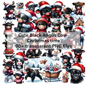 Cute Black Angus Mega bundle Clipart - Winter & Christmas, Cute cow, Christmas sublimation, Commercial use, transparent png, digital cow