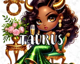 African Taurus Zodiac Girl Clipart, Emerald Green Glam Astrology PNG (Digital Download)