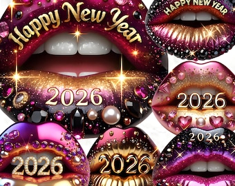 Glam 2026 Lips Clipart, Sparkly New Year Makeup PNG (Digital Download)