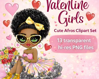 Afro Valentine Clipart – Fashion Girl PNGs, DIY Cards (Digital Download)