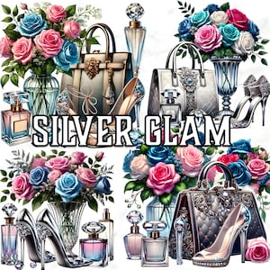 Ensemble de chaussures glamour argentées à la mode, Sacs à main de luxe, Talons hauts, Bouquets de fleurs, Stickers numériques glamour, Motifs élégants par sublimation
