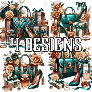 Clipart glamour mode de luxe, 4 sac à main bleu sarcelle et sublimation de parfum, chaussure à talon haut PNG, boîte cadeau élégante art numérique pour travaux manuels