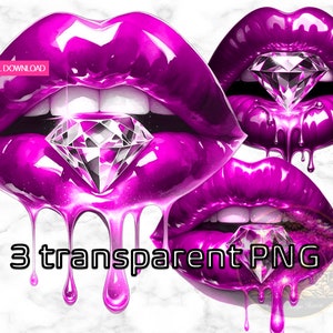 Pink Diamond Dripping Lips Clipart, glamoureuze lipkunst, glanzende lip met diamant PNG, digitale download, trendy lipafbeelding, sublimatieontwerp