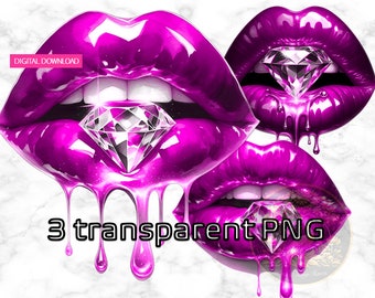 Pink Diamond Dripping Lips Clipart: Glam Lip Art (Digital Download)