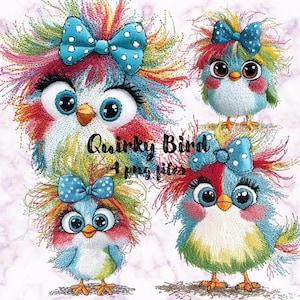 Lindo pájaro bordado clipart / Conjunto de dibujos animados de pájaros PNG peculiares / Perfecto para manualidades y proyectos de bricolaje para niños / Archivos adorables de alta resolución