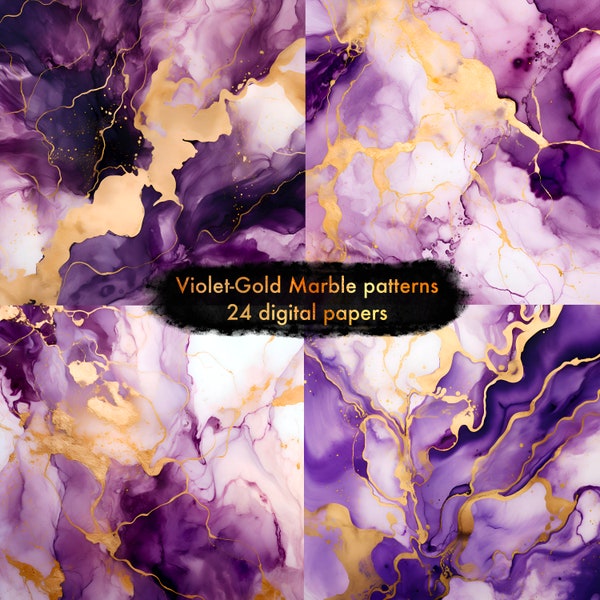 Violet Gold Marble Digital Paper, Luxurious Purple & Gold Veined Texture, Elegant Background for Scrapbooking, Invitation Design, Printable