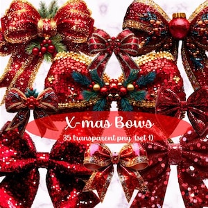 Red Sequin Christmas Bow Clipart Bundle, 35 Glittery Glam Bows PNG Set 1, DTF T-Shirt Designs, Glam Holiday Sublimation, Commercial Use