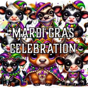 21 Mardi Gras Cow Clipart Bundle Cute Highland Farm Animal Digital Planner Stickers Digital Sublimation Art Carnival Party Decor for Tshirt