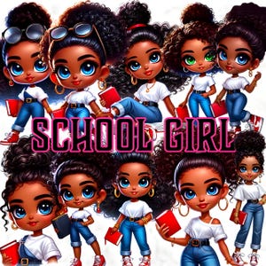 23 Clipart di ragazze di scuola africana, PNG di studentesse di ragazze nere, Illustrazione di scuola di Afro Puffs, Arte di ragazze intelligenti e carine, Sublimazione del pianificatore di studio