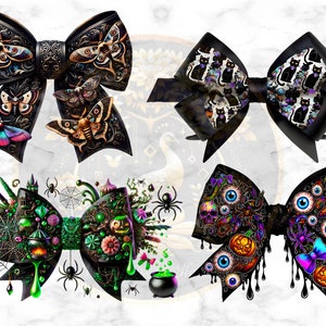 May include: Four black Halloween-themed bows with different designs. The first bow has a black and gold butterfly design. The second bow has a black and white cat design. The third bow has a green and black design with a cauldron, spiders, and a pumpkin. The fourth bow has a black and purple design with eyeballs, spiders, and pumpkins.