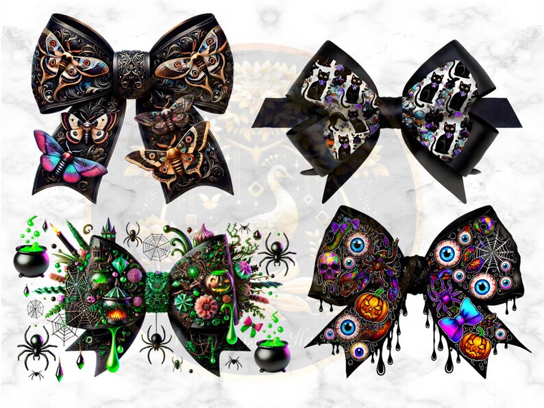 May include: Four black Halloween-themed bows with different designs. The first bow has a black and gold butterfly design. The second bow has a black and white cat design. The third bow has a green and black design with a cauldron, spiders, and a pumpkin. The fourth bow has a black and purple design with eyeballs, spiders, and pumpkins.