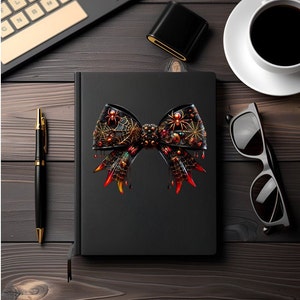 May include: A black bow with a spiderweb design and red accents. The bow is decorated with gold beads and spiders.