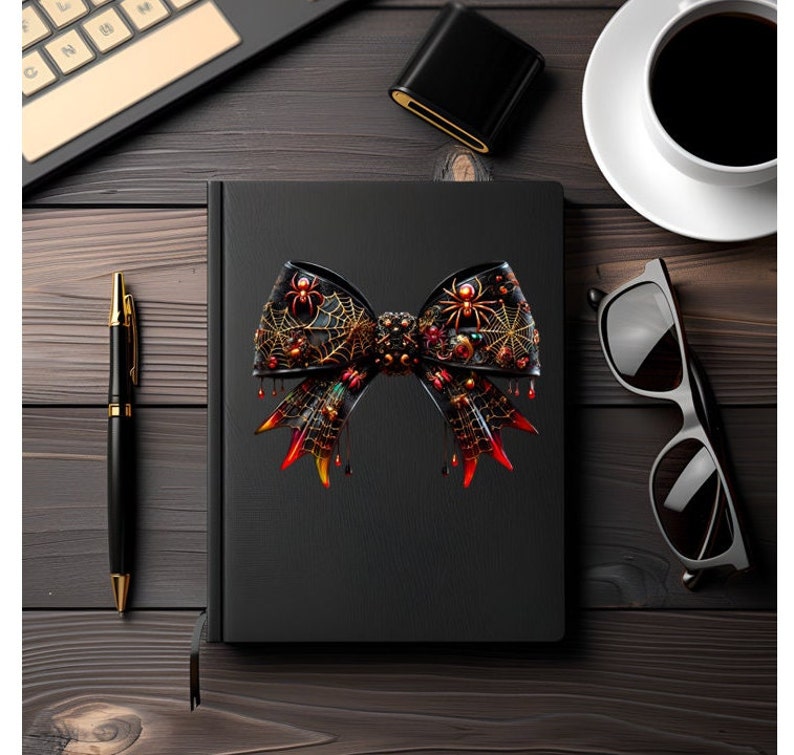 May include: A black bow with a spiderweb design and red accents. The bow is decorated with gold beads and spiders.
