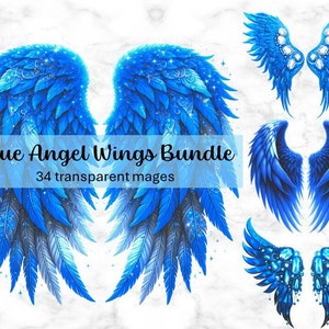 Paquete de alas de ángel azul, 34 imágenes PNG transparentes, imágenes prediseñadas de ala de fantasía, alas de ángel de acuarela, arte de ala celestial, descarga digital