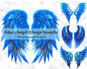 Blue Angel Wings Bundle, 34 Transparent PNG Images, Fantasy Wing Clipart, Watercolor Angel Wings, Celestial Wing Art, Digital Download