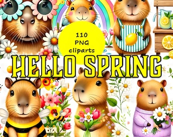 110 Spring Capybara Clipart Bundle, Cute Watercolor Animal PNG, Floral Capybara Art, Springtime Wildlife, Digital Download, Sublimation