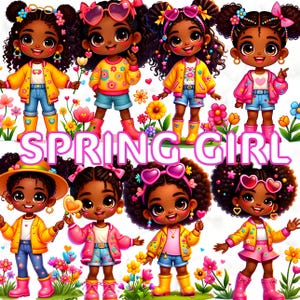 Clipart di ragazza nera primaverile, PNG di ragazza carina afroamericana per inviti a feste e lavoretti per bambini, adorabili adesivi colorati per pianificatori digitali
