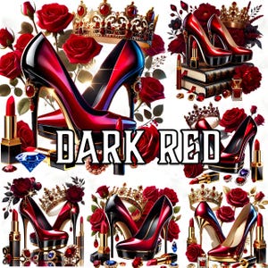 14 Clipart di tacchi rosso scuro, arte digitale di moda di lusso, tacchi alti e rose PNG, clipart di scarpe eleganti, trucco glamour, estetica rosso nero