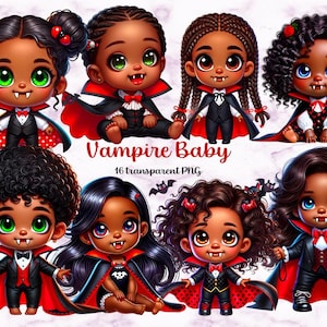 Adorabile bambina vampira afroamericana Clipart - Bambini afroamericani carini Sublimazione, Arte digitale di Halloween, Trasferimenti DTF