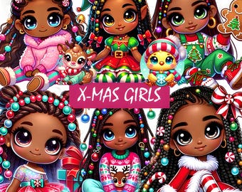 Christmas Black Girl Clipart, Kawaii Holiday PNG Set (Digital Download)