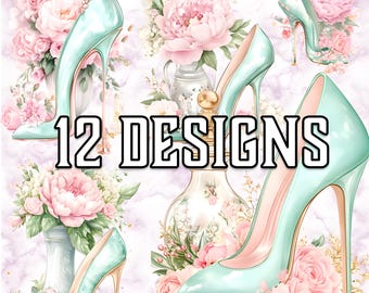 Clipart de tacones altos en acuarela: Zapatos florales glamurosos (Descarga digital)