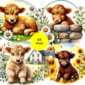 85 Baby Highland Cow Clipart, Farm Animal Clipart, High Quality JPGs, Baby Cow Nursery Art, Printable Cow, Junk Journal, Commercial Use