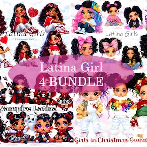 Lateinische Mädchen Clipart Bundle, 4 süße Aquarell Illustration Sets, Chica Latein Sublimation PNG, kommerzielle Nutzung, bunte Hispanic Chica