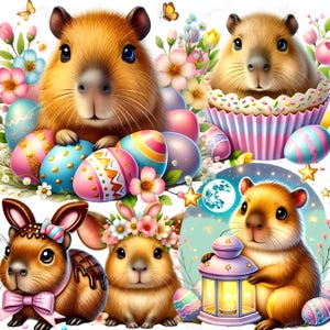 62 Ostern Capybara Clipart, niedliche Capybara Aufkleber PNG, Frühlingstier, Kawaii Capybara, Blumen Capybara Sublimation, Waldfestliches Tier