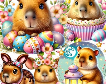 Easter Capybara Clipart, Watercolor Spring Animals (PNG)