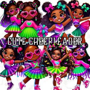 38 Clipart di cheerleader africane, carina ragazza americana con pompon PNG, adesivi digitali di cheerleader, arte sportiva di ragazze nere, adesivi per lo spirito scolastico