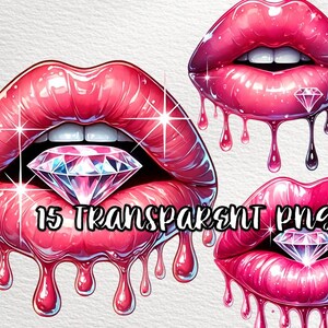 Watercolor Pink Dripping Lips Clipart, Glam Lipstick Diamond, Kiss Lips PNG, Fashion Sublimation Design, Glitter Lip Art, Digital Download