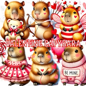 Valentinstag Capybara Clipart, 57 niedliche Capybara Kunst, Aquarell Tiere, Clipart für Kinder, Tiere unter dem Motto Liebe, Herz Ballons, kommerzielle Nutzung