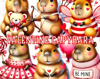 Valentine Capybara Clipart, 57 Cute Capybara Art, Watercolor Animals, Clipart For Kids, Love-Themed Animals, Heart Balloons, Commercial Use