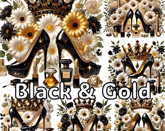 Black and Gold Fashion Clipart Bundle: Glam Heels, Crowns, Makeup (PNG)