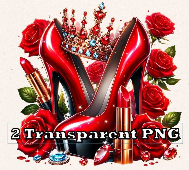 Puede incluir: Un par de zapatos de tac&oacute;n alto rojos con una corona dorada y rosas rojas. Los zapatos est&aacute;n decorados con joyas brillantes. Tambi&eacute;n se incluyen dos barras de labios rojas en la imagen.