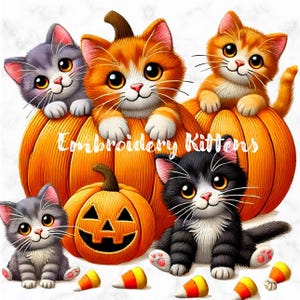 Clipart di gatti ricamati di Halloween, simpatici gattini di zucca PNG, disegni di sublimazione spettrali di Halloween, toppa finta per amanti dei gatti, uso commerciale
