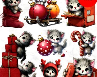 Christmas Kitten PNG Clipart Bundle – Festive Holiday Illustrations (Digital Download)