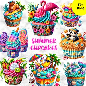 Paquete de 82 imágenes PNG de verano, gráficos de cupcakes de playa tropical, pegatinas divertidas para fiestas, invitaciones, manualidades de sublimación, uso comercial