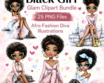 Black Girl Valentine Clipart Bundle, Afro Fashion PNG Graphics