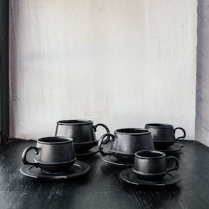 Set of Stoneware Ceramic Cup with Saucer, Tea/ Coffee Handmade Ceramic mug, Matte black tableware, Unique pottery mugs, Housewarming gift