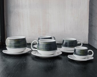 Set of 4 Ceramic Tea cup with saucer, Coffee cup, White/Green 65-350ml Handmade