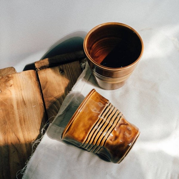 Brown handmade coffee/tea mug, Crumpled ceramic cup, Ceramic tumbler, Cappuccino espresso cup, Unique coffee lover gift, New home gift