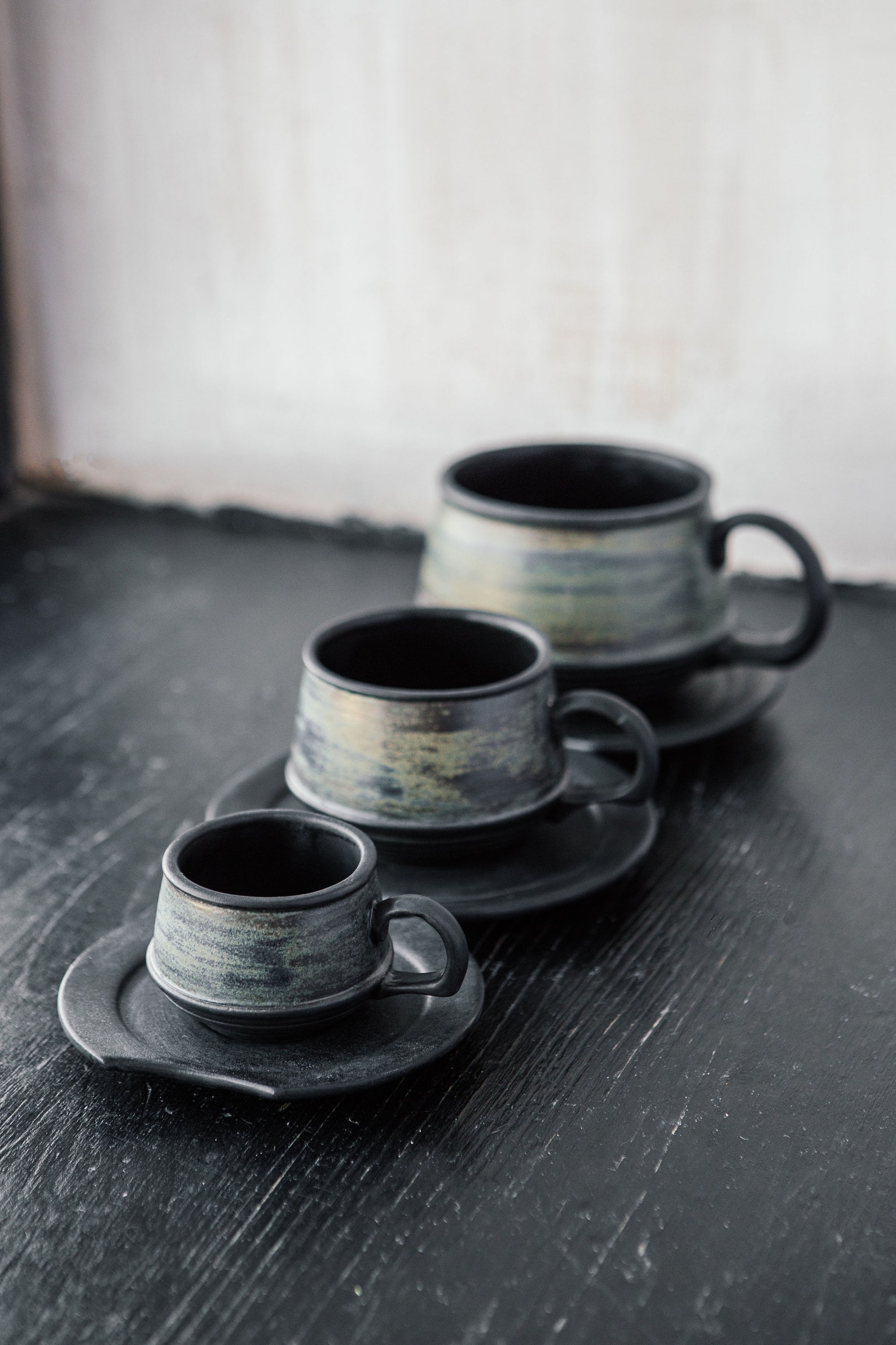 Set of 4 Ceramic Tea cup with saucer Coffee cup Black Green Etsy