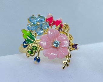 VIDEO JARDIN COLLECTION 1.25 ct Pink Mother of Pearl and Multi Gemstone Flower Ring in Vermeil Yellow Gold Over Sterling Silver